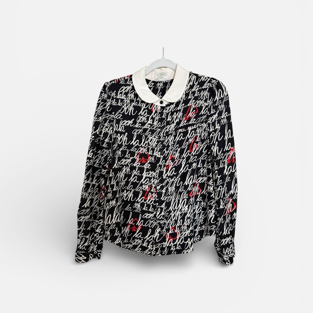Kate Spade Black and White Script with Red Hearts Blouse - Picture 6 of 9